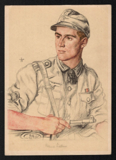 'Knight Cross Fearing Fields Valtiner in a Mountain Hunter Regiment', Propaganda Postcard, Third Reich Nazi Germany