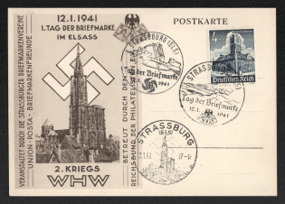 1941 'I.tag of the Stamp in Alsace 2. War WHW', Propaganda Postcard, Third Reich Nazi Germany