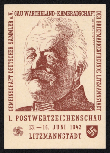 1942 'Community of German Collectors Comradeship of Stamp Freunde Litzmannstadt General Litzmann Postwertzeichenchau', Propaganda Postcard, Third Reich Nazi Germany