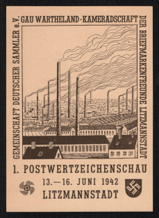 1942 'Community of German Collectors Comradeship of Stamp Freunde Litzmannstadt General Litzmann Postwertzeichenchau', Propaganda Postcard, Third Reich Nazi Germany