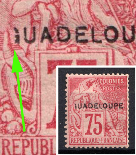 1891 75c Guadeloupe, French Colonies (Sc. 25, 'JUADELOUPE' Print Error, CV $130+)