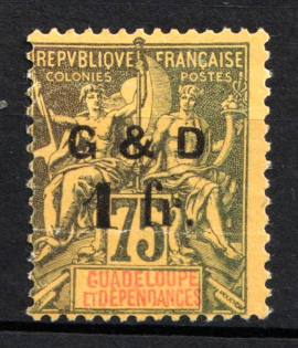 1903 1f on 75c Guadeloupe, French Colonies (Sc. 49, CV $45)