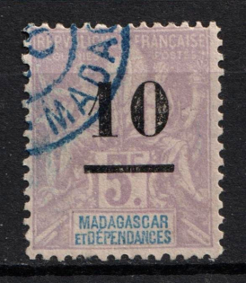 1902 10c on 5f Madagascar, French Colonies (Sc. 49, Used, CV $25)