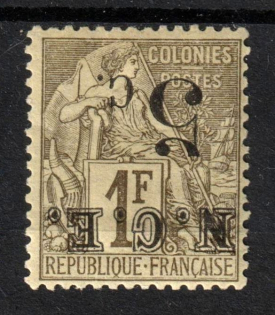 1886 5с on 1f New Caledonia, French Colonies (Sc. 8a, INVERTED Overprint, CV $45)