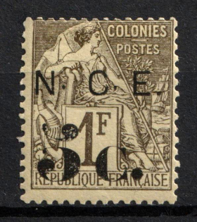 1886 5с on 1f New Caledonia, French Colonies (Sc. 9, CV $30)