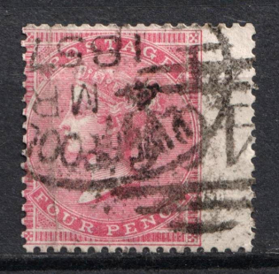 1857 4d Great Britain (SG 66, Rose Carmine, Large Garter Watermark, Rebound Perforation, Used, CV $210)