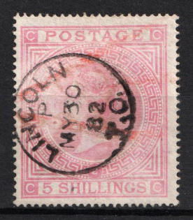 1867 5Sh Great Britain (SG 127, Pale Rose, Used, CV $945)