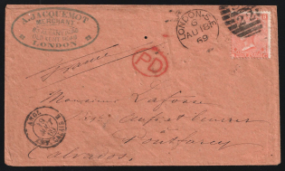1869 Great Britain Commercial Cover from London to Calais via Paris and other towns, franked with 4d (SG 94, CV $195) tied by oval striped '22' postmark, with red paid 'PD' red handstamp and blue private hs alongside