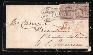 1861 Great Britain Cover from Hawick (Scotland) to Rhode Island (United States) franked with a pair of 6d (SG 69, CV $670) tied by red '5 cents' postage due handstamp