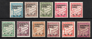 1928 Ubangi-Shari, French Colonies, Postage Due Stamps (Sc. J1 - J11, Full Set, CV $30)