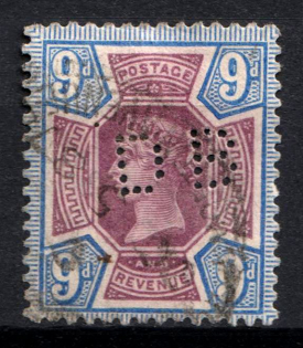 1887 9d Great Britain (SG 209, Perfin, Used, CV $65)