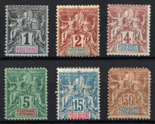 1892 Diego Suarez, French Colonies (Sc. 25 - 28, 30, 33, CV $55)