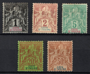 1892 - 1900 Ivory Coast, French Colonies (Sc. 1, 2, 4, 9, 12, CV $80)