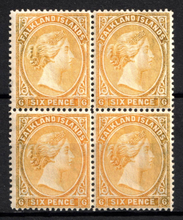 1896 6d Falkland Islands, British Colonies, Block of Four (SG 34, CV $420)