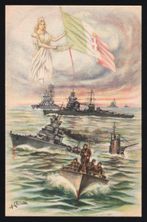 1939-1945 'Warships and the Goddess of War' Italy WWII Fascist Propaganda Postcard