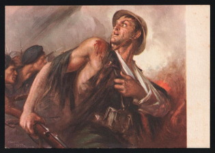 1939-1945 'Let the World Know that Dying Is Beautiful Today for Us Italian People Accustomed to Sacrifice, Beautiful for Us People Rich in Blood and Spirit' Italy WWII Fascist Propaganda Postcard (Color variety)