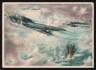 1940 'Attack by German Fighter Planes', Propaganda Postcard, Third Reich Nazi Germany