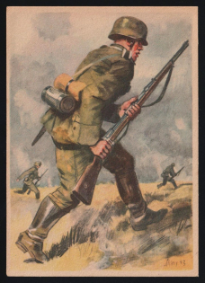 'In a Jump the Terrain Seen by the Enemy is Overcome Based on an Original by F. Ahlers', Propaganda Postcard, Third Reich Nazi Germany
