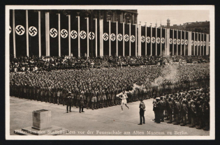 1936 'Arrival of the Relay Runner in Front of the Fire Bowl at the Altes Museum in Berlin', Propaganda Postcard, Third Reich Nazi Germany