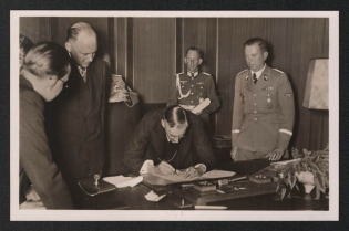 1938 'Prime Minister Mussolini Signs the Munich Agreement', Propaganda Postcard, Third Reich Nazi Germany