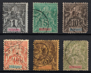 1892 Diego Suarez, French Colonies (Sc.25, 28 - 29, 34, 36 - 37, Signed, Used, CV $140)