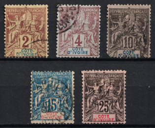 1892 - 1900 Ivory Coast, French Colonies (Sc. 2, 3, 5, 7, 10, Used, CV $45)