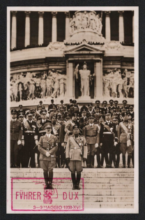 1938 Hitler and Mussolini Airmail Propaganda Postcard franked with San Marino Commemorative stamps