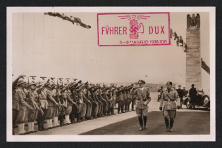 1938 Hitler and Mussolini Airmail Propaganda Postcard franked with San Marino Commemorative stamps
