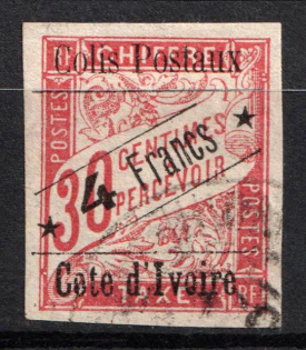 1903 4fr on 30c Ivory Coast, French Colonies, Parsel Post Stamp (Sc. Q25, Used, CV $130)
