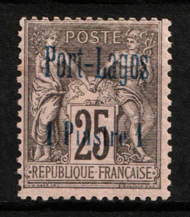 1893 1pi on 25c Port Lagos, French Post Offices in Levant (Sc. 4, CV $80)