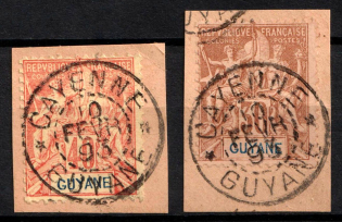 1892-1904 on pieces Guiana, French Colonies (Sc. 44 - 45, Used, CV $35)