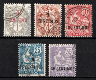 1902-10 Morocco, French Protectorate (Sc. 11, 14, 16, 18, 19, Used, CV $40)