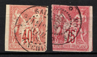 1877-78 French Colonies (Sc. 27, 28, Mi. 33, 34, Type I, Used, CV $120)