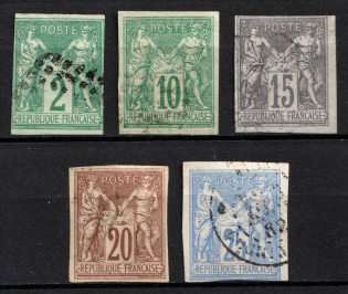 1877 French Colonies (Sc. 30, 32 - 35, Mi. 25, 28 - 31, Type II, Used, CV $125)