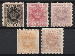 1884-85 Macao, Portuguese Сolonies (Scott 1, 6, 7, 13b, 9, CV $150)