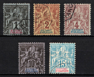 1892-1907 Anjouan, French Colonies (Sc. 1 - 3, 5, 7, Used, CV $25)