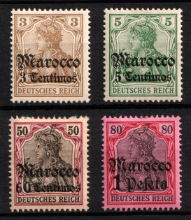 1905 German Offices in Morocco, Germany (Mi. 21 - 22, 28 - 29, CV $70)