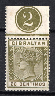 1886 20c Gibraltar, British Colonies (SG 24, Sheet Inscription, CV $40, MNH)