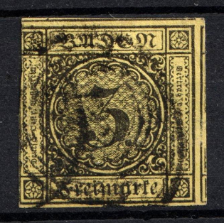 1852 3Kr Baden, German States, Germany (Mi. 2 b, Used, CV $30)
