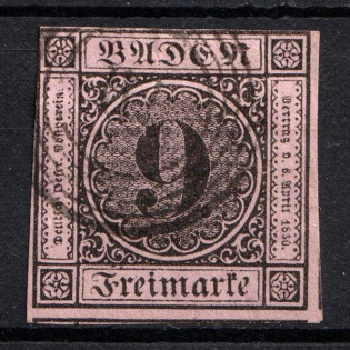 1851 9Kr Baden, German States, Germany (Mi. 4 a, Used, CV $280)