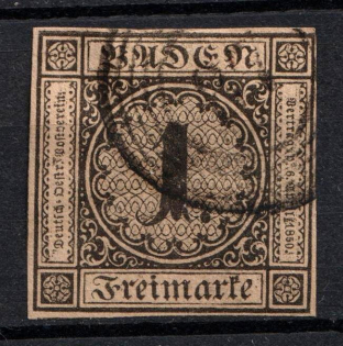1851 1Kr Baden, German States, Germany (Mi. 1 b, Used, CV $450)