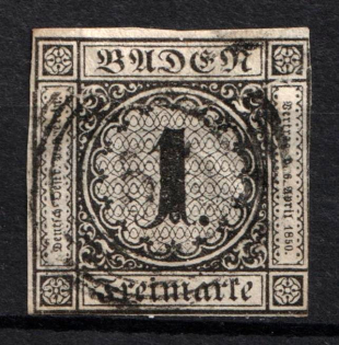 1853 1Kr Baden, German States, Germany (Mi. 5, Used, CV $50)