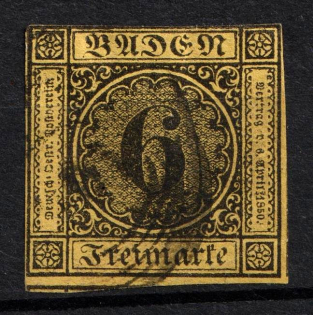 1854 6Kr Baden, German States, Germany (Mi. 7, Used, CV $50)