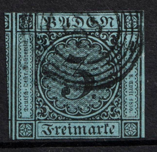 1858 3Kr Baden, German States, Germany (Mi. 8, Used, CV $55)