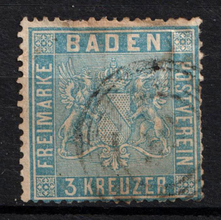 1860 3Kr Baden, German States, Germany (Mi. 10 a, Used, CV $170)