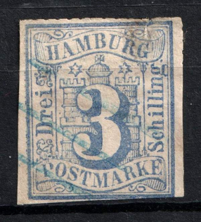 1859 3S Hamburg, German States, Germany (Mi. 4, Used, CV $225)