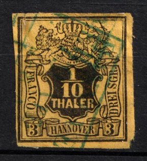 1851 1/10Th on 3Sgr Hannover, German States, Germany (Mi. 5, Used, CV $105)