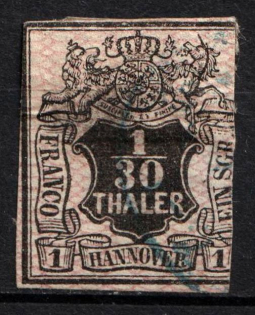 1856 1/30Th on 1Sgr Hannover, German States, Germany (Mi. 10, Used, CV $55)