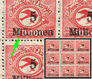 1923 5mln Danzig Gdansk, Germany, Airmail, Block (Mi. 180, 180 F I, 5 Millionen on 10.000 instead 50.000, CV $70)