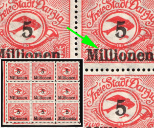 1923 5mln Danzig Gdansk, Germany, Airmail, Block (Mi. 180, 180 F I, 5 Millionen on 10.000 instead 50.000, Corner Margin, Red Control Strips, CV $70)